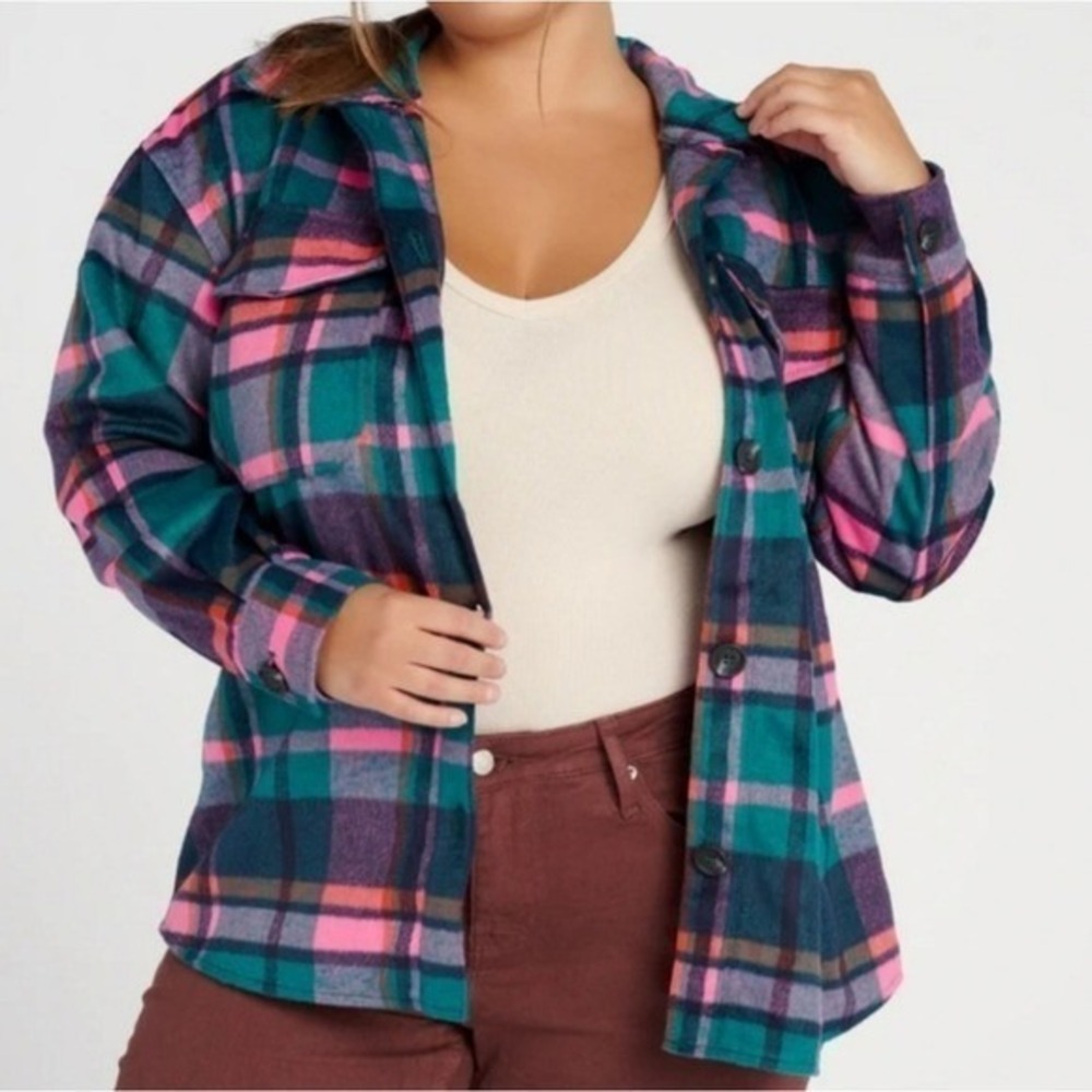 Anthropologie Avec Les Filles NWT Plaid Shacket Shirt Jacket Button Teal Pink 2X